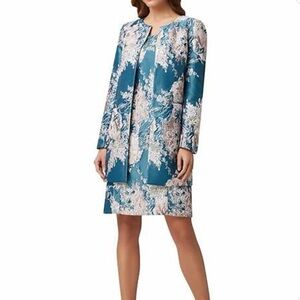 Tahari ASL Women’s Floral Jacquard Round Neck Topper Jacket Teal/Pink Metallic
